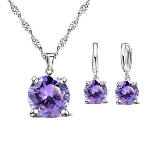 SILVER Purple Earrings Necklace Set (3 piece set)