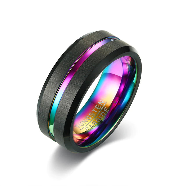 Rainbow Colourful Black Ring (thick 8mm) - Tungsten Carbide