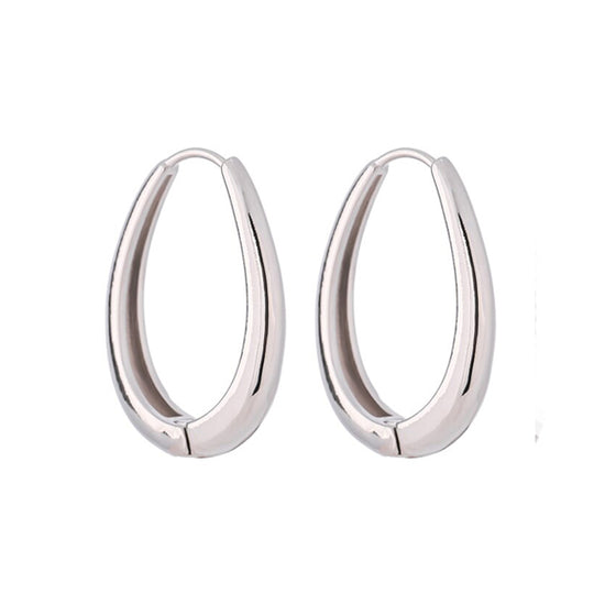 silver oval geometric smooth hoop earrings  teardrop scoop hoops