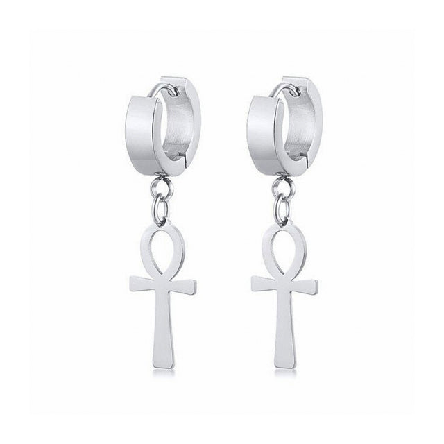 "Silver Ankh Huggies" - Egyptian Symbol of Life Earrings (Stainless Steel)