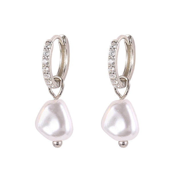 silver hanging pearl earrings with crystal pave hoops