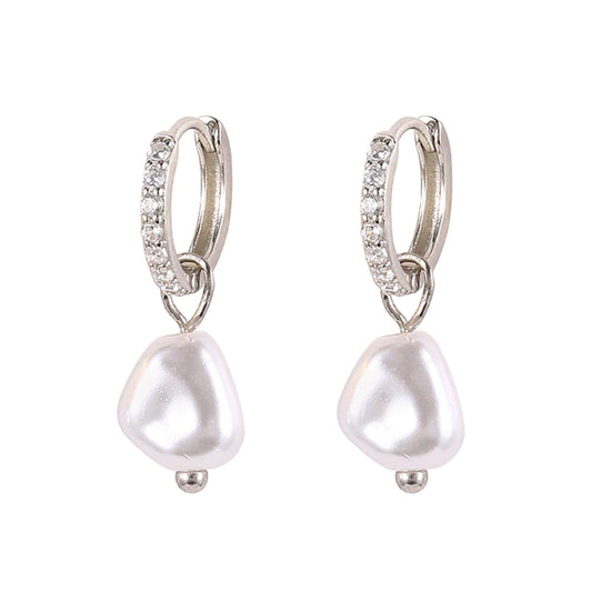silver hanging pearl earrings with crystal pave hoops