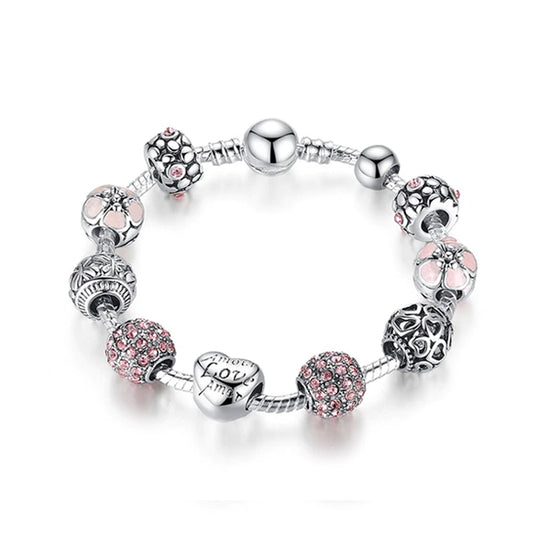 SILVER Pink Love Flower Charm Bracelet (18cm) - Copper