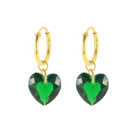 Gold Plated Green Heart Huggies - Sterling Silver (removable charms)