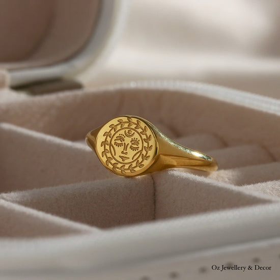 rich gold antique face engraved ring. gold plated stainless steel tarnish free waterproof