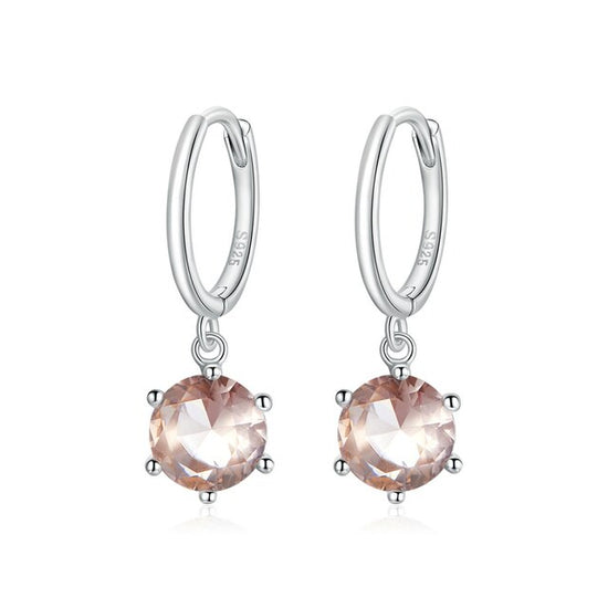 Light Peach Gem Crystal Huggie Earrings: Sterling Silver (cubic zirconia)  transparent, light peach, pastel washed out, flat top cut crystal, 