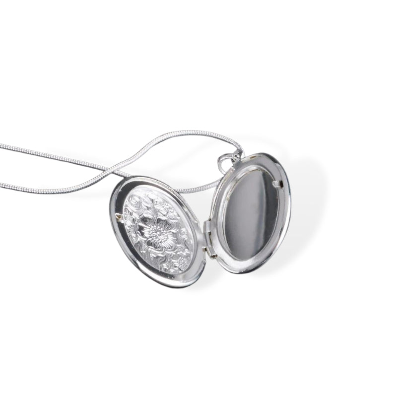 Silver Flower Open Oval Locket Necklace (46cm)