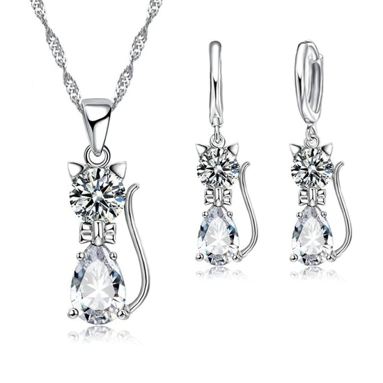 SILVER Cat Earrings Necklace Set (3 piece set)